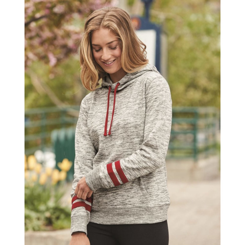 Women’s Mélange Fleece Striped-Sleeve Hooded Sweatshirt Thumbnail